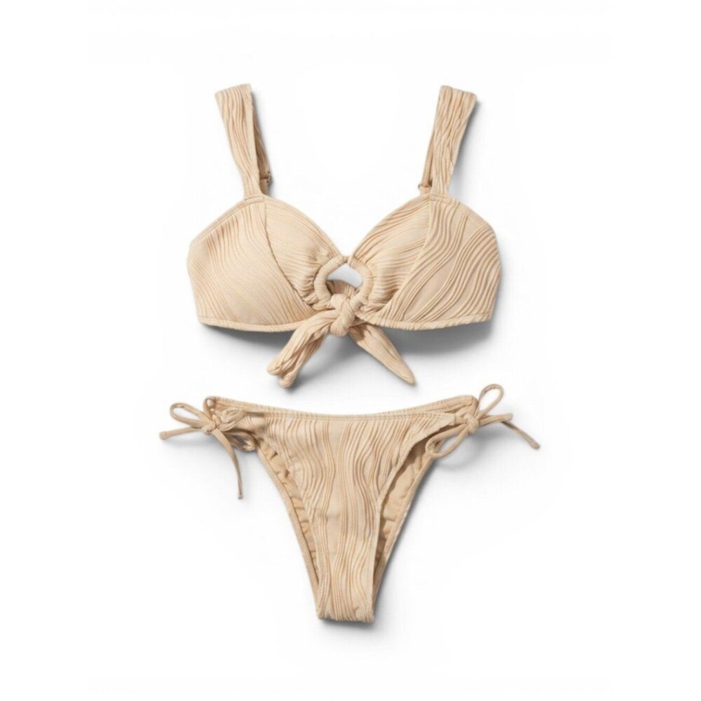 Zaful Beige Textured Knot Front Bikini Set